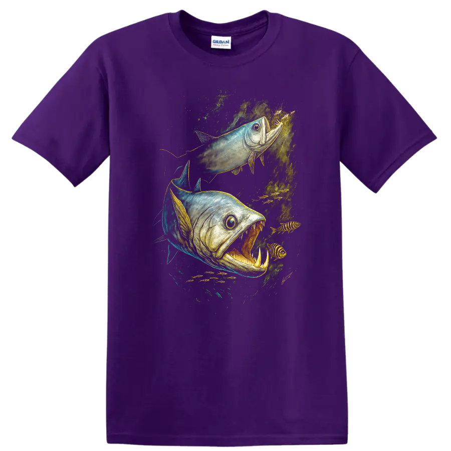 Aggressive Fish Duo Underwater Predator Art T Shirt - Purple