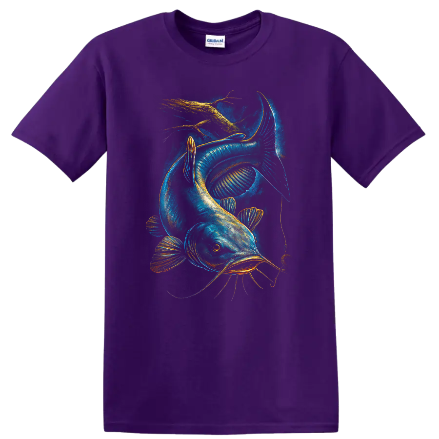 Glowing Catfish Fishing Lure Art T Shirt for Anglers and Fish Lovers - Purple