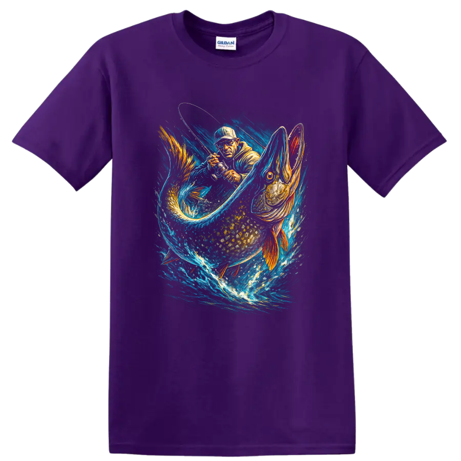 Angler Fishing Giant Pike Action Art T Shirt for Lake Sport Fishermen - Purple