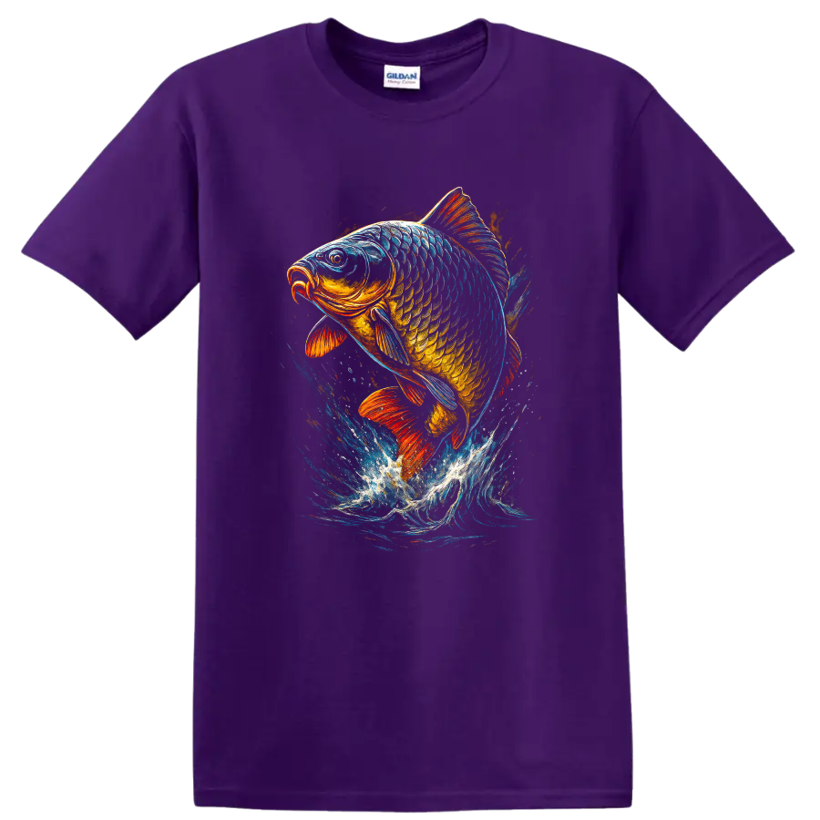 Colorful Leaping Fish Graphic T Shirt for Anglers and Nature Lovers - Purple