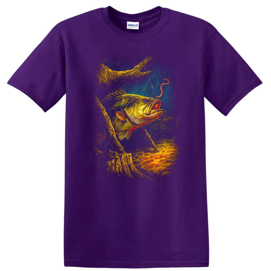 Colorful Largemouth Bass Fishing Art T Shirt for Anglers - Purple