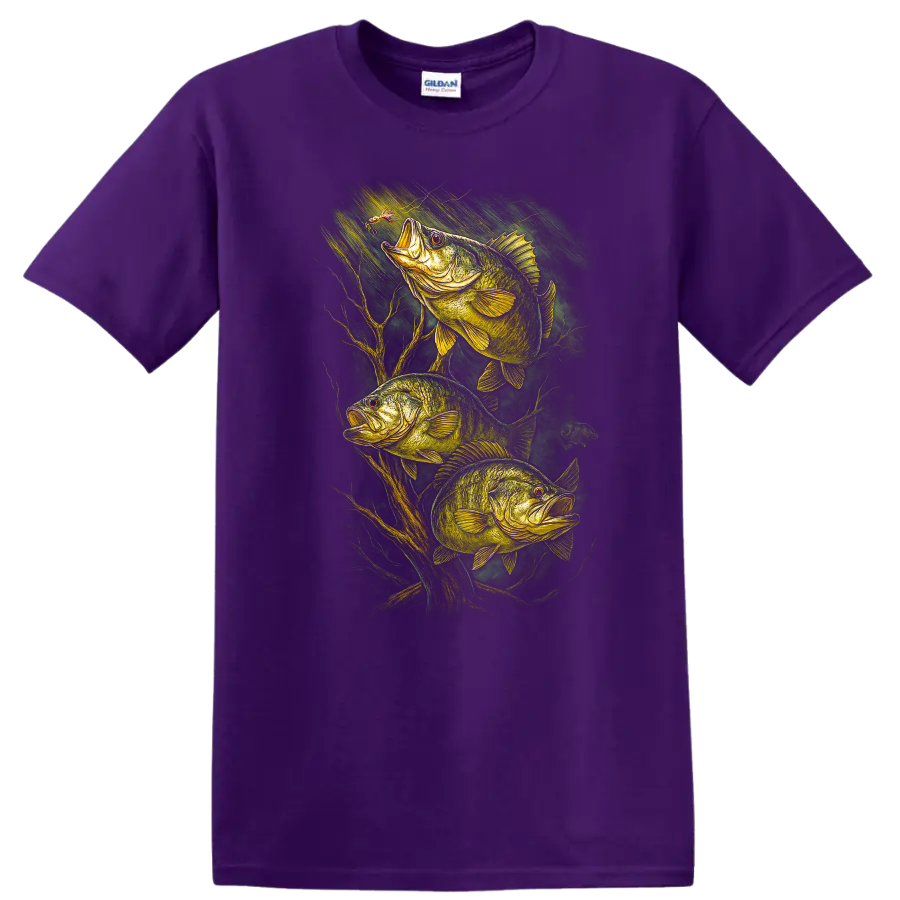 Bass Fishing T Shirt with Three Largemouth Fish Nature Graphic - Purple