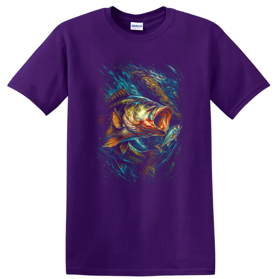 Bass Fishing T Shirt Vibrant Big Fish Catch Angler Art - Purple