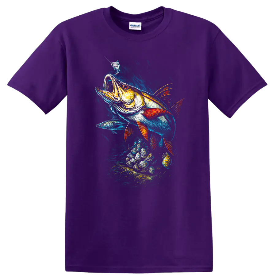 Vibrant Big Fish Underwater Art T Shirt with Bold Fishing Scene - Purple