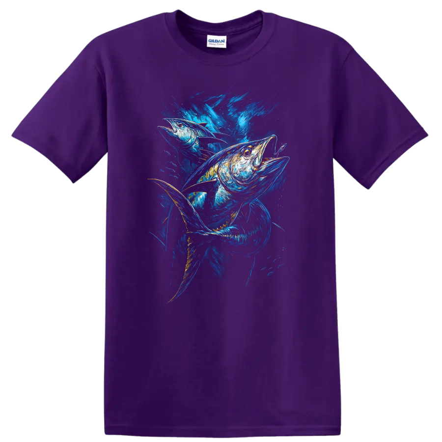 Vibrant Blue Fish Art T Shirt Abstract Ocean Wildlife Graphic - Purple