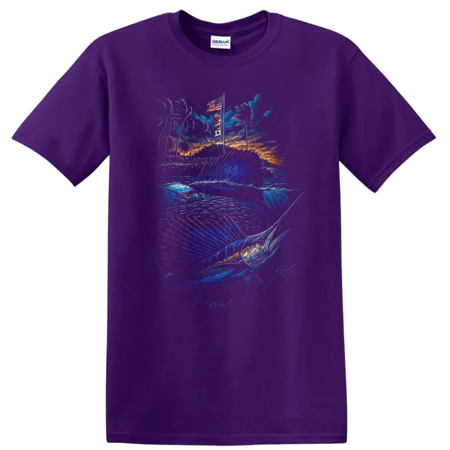 Blue Marlin Fishing Sunset Ocean Fish Graphic T Shirt - Purple