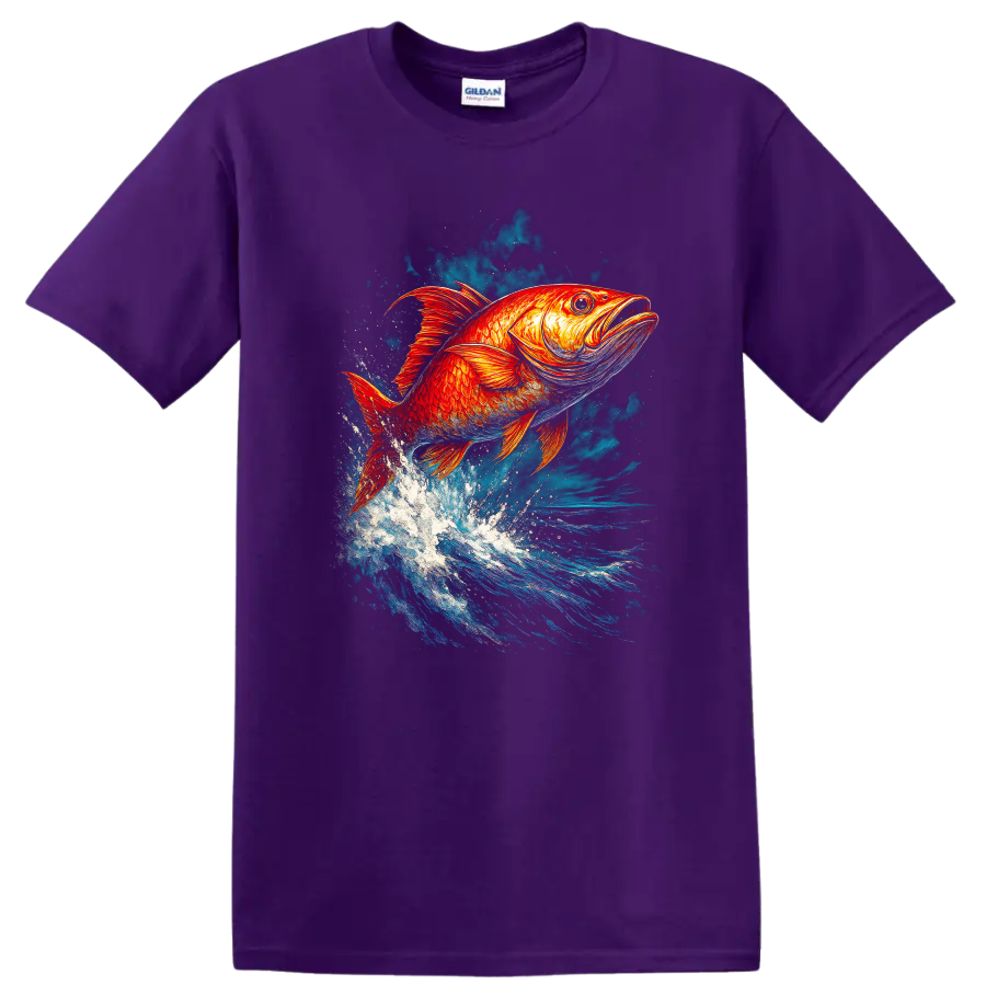 Vibrant Jumping Fish Splash Art T Shirt for Anglers and Nature Lovers - Purple