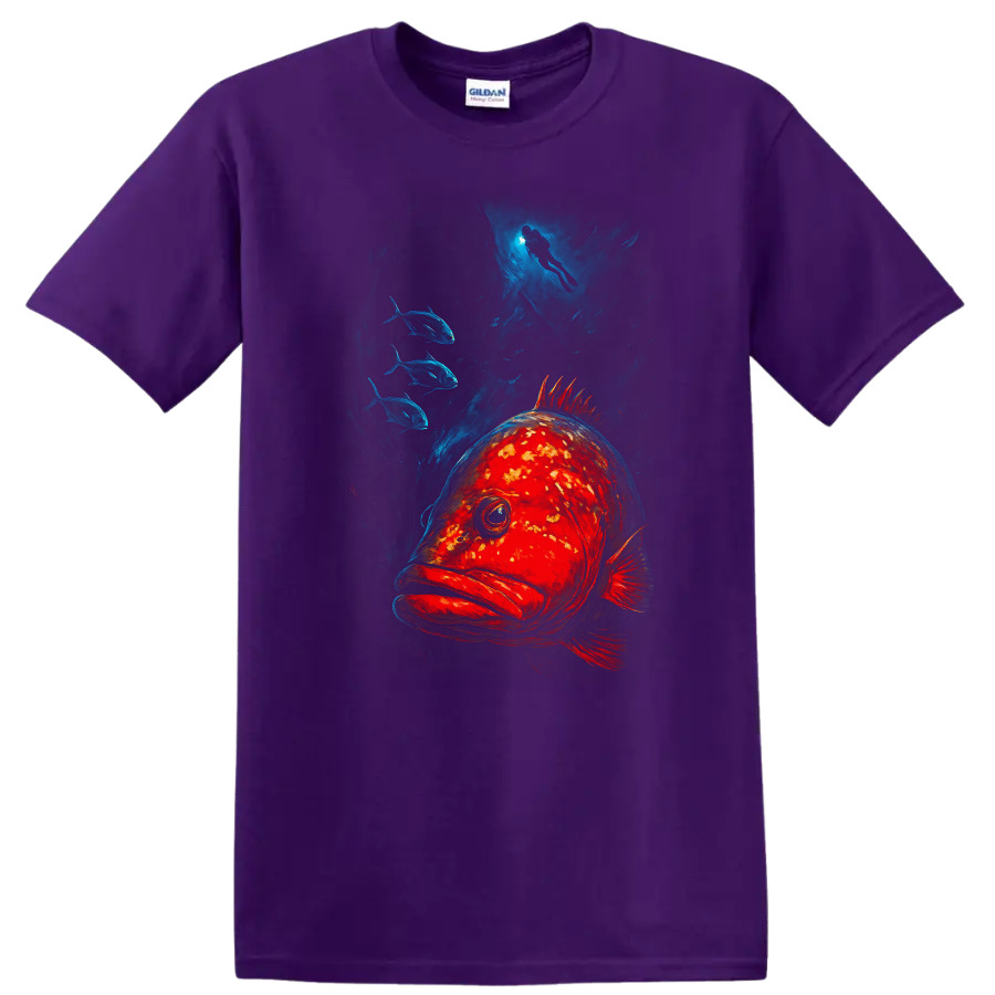 Deep Sea Fish T Shirt Vibrant Ocean Scuba Diver and School Art - Purple