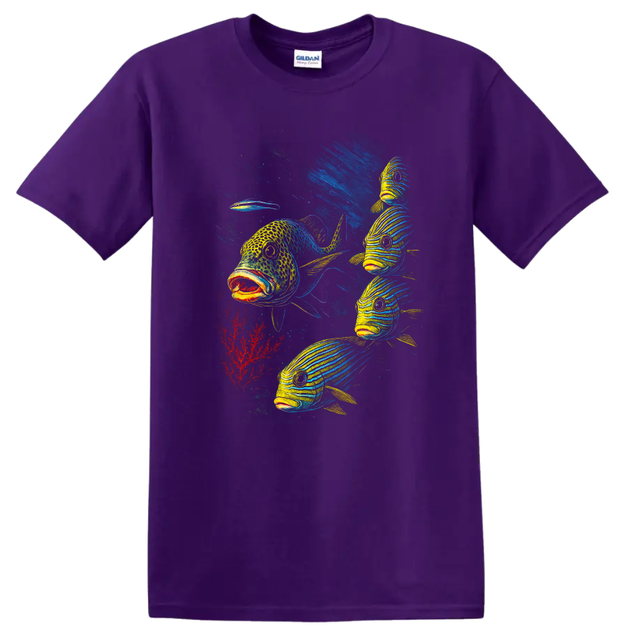 Colorful Fish School Underwater Art T Shirt for Ocean Lovers - Purple