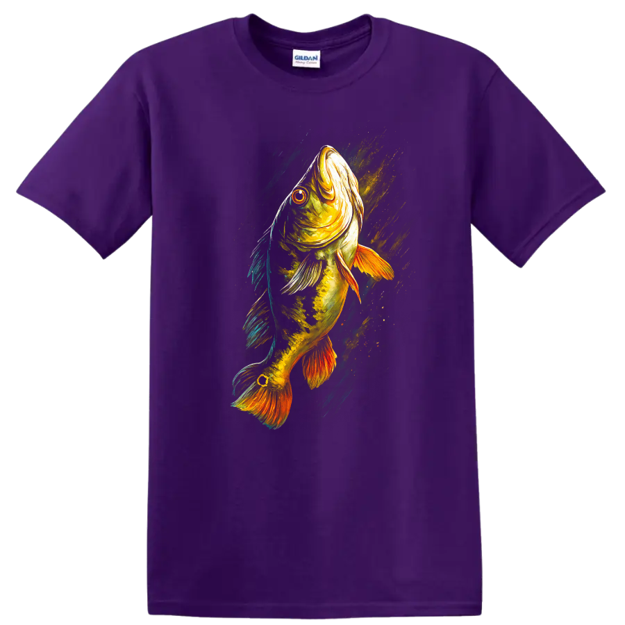 Colorful Fish Art T Shirt Vibrant Bass Fishing Graphic for Anglers - Purple