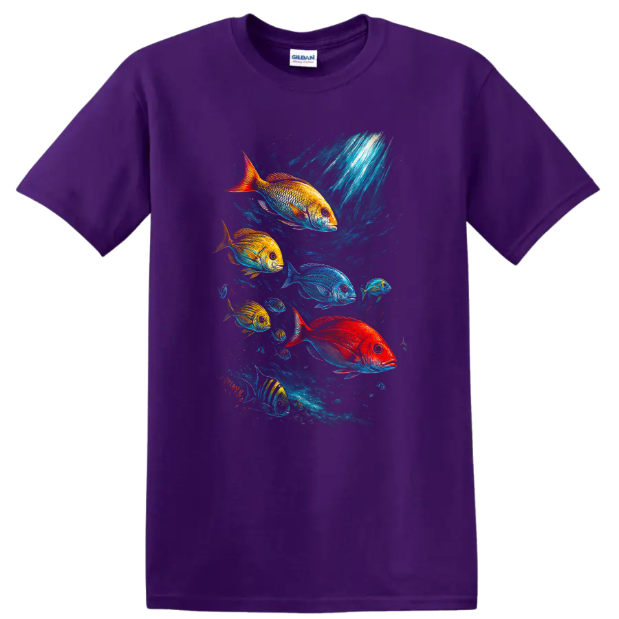 Colorful Fish School Underwater Art T Shirt Vibrant Ocean Scene - Purple