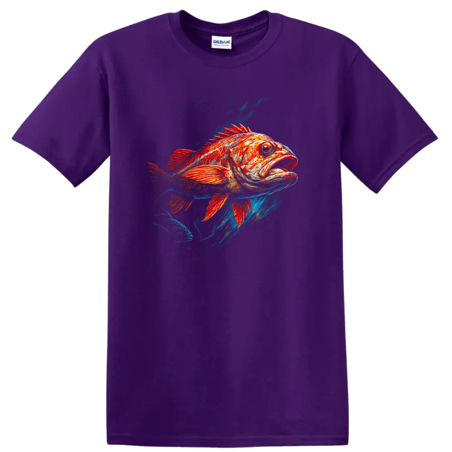 Red Orange Fish Art T Shirt with Bold Underwater Splash Design - Purple