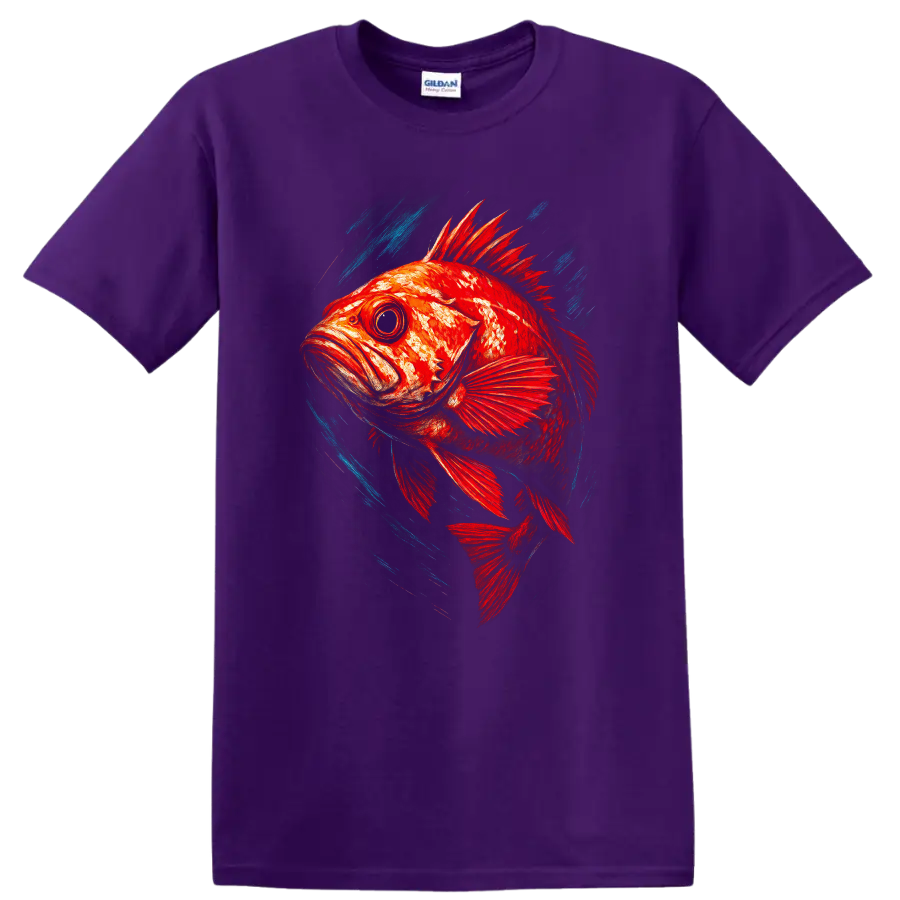 Vibrant Red Fish Art T Shirt with Blue Splash Motion Design - Purple