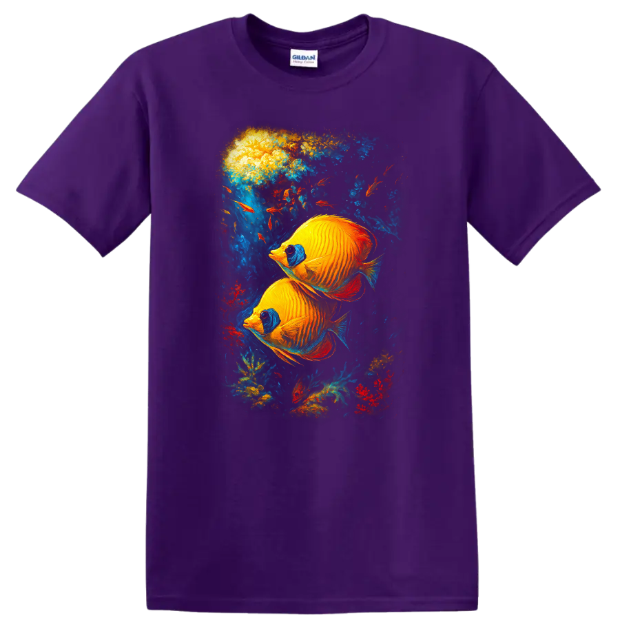 Vibrant Tropical Fish Art T Shirt Colorful Underwater Aquarium Design - Purple