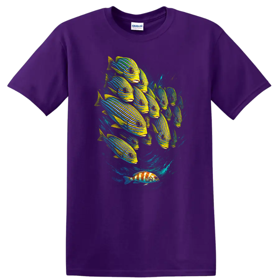 Neon Striped Fish School Ocean Art T Shirt for Marine Life Lovers - Purple