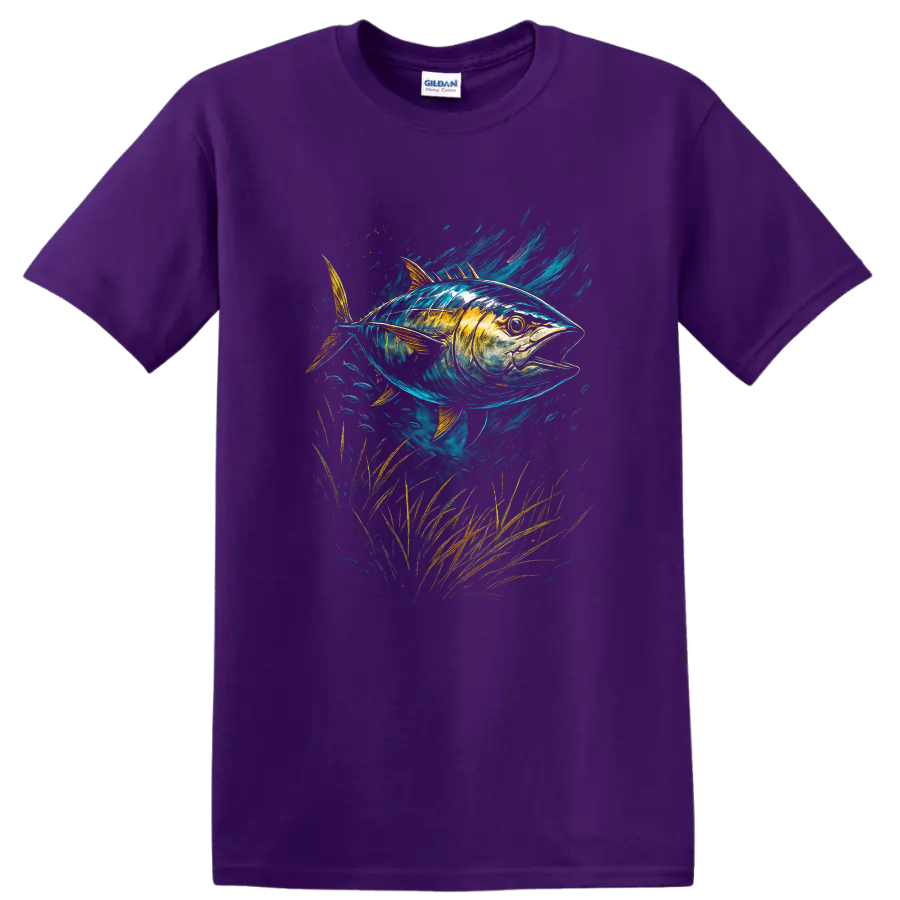 Colorful Tuna Fish Art T Shirt, Vibrant Ocean Wildlife Graphic - Purple