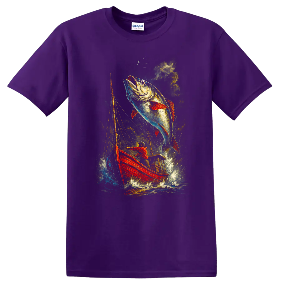 Leaping Fish Fishing Boat Art Gildan 5000 T Shirt for Anglers - Purple
