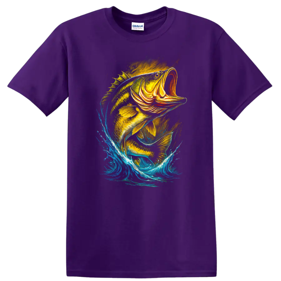 Colorful Jumping Fish Splash Art T Shirt for Anglers and Nature Lovers - Purple