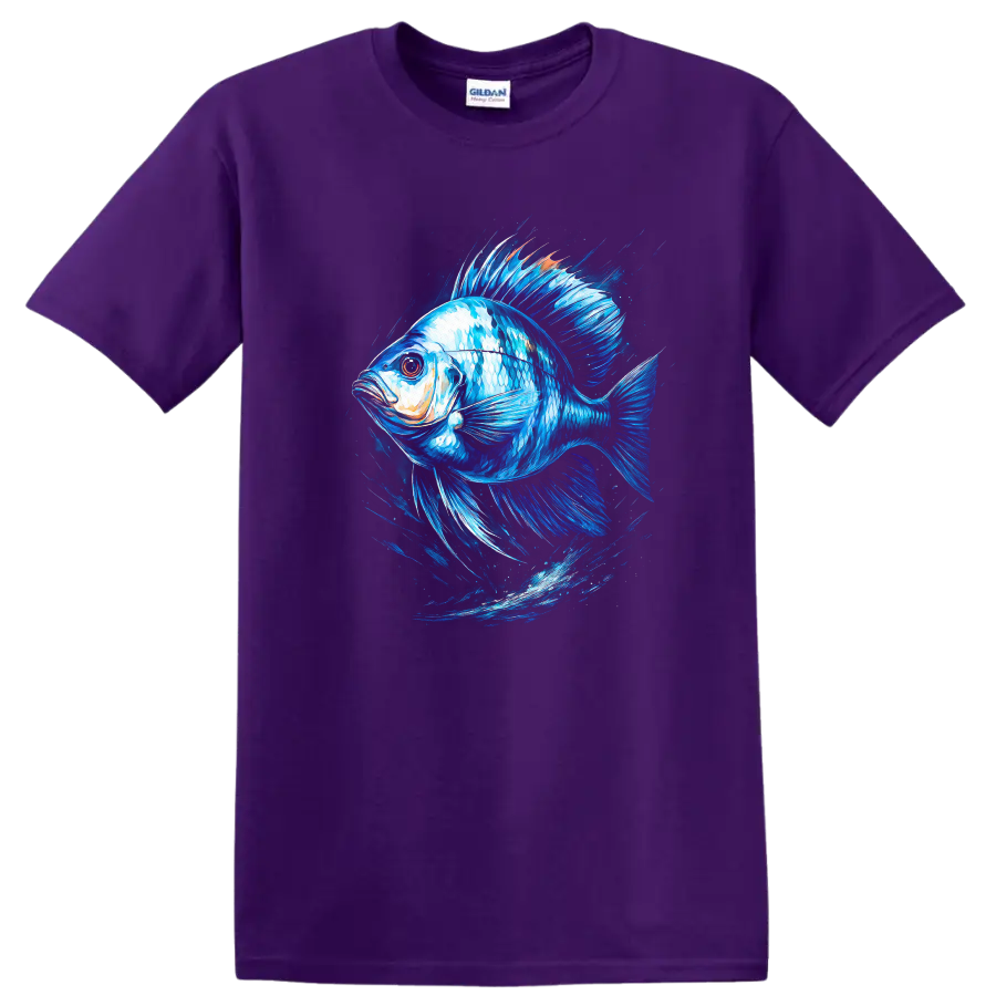 Blue Fish Splash Art T Shirt Vibrant Ocean Animal Graphic for Anglers - Purple
