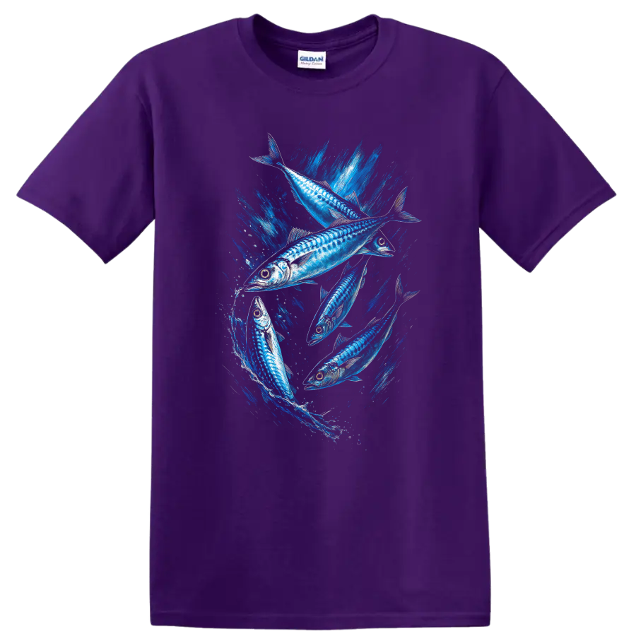 Blue Fish Splash Graphic T Shirt for Fishing Lovers and Ocean Fans - Purple