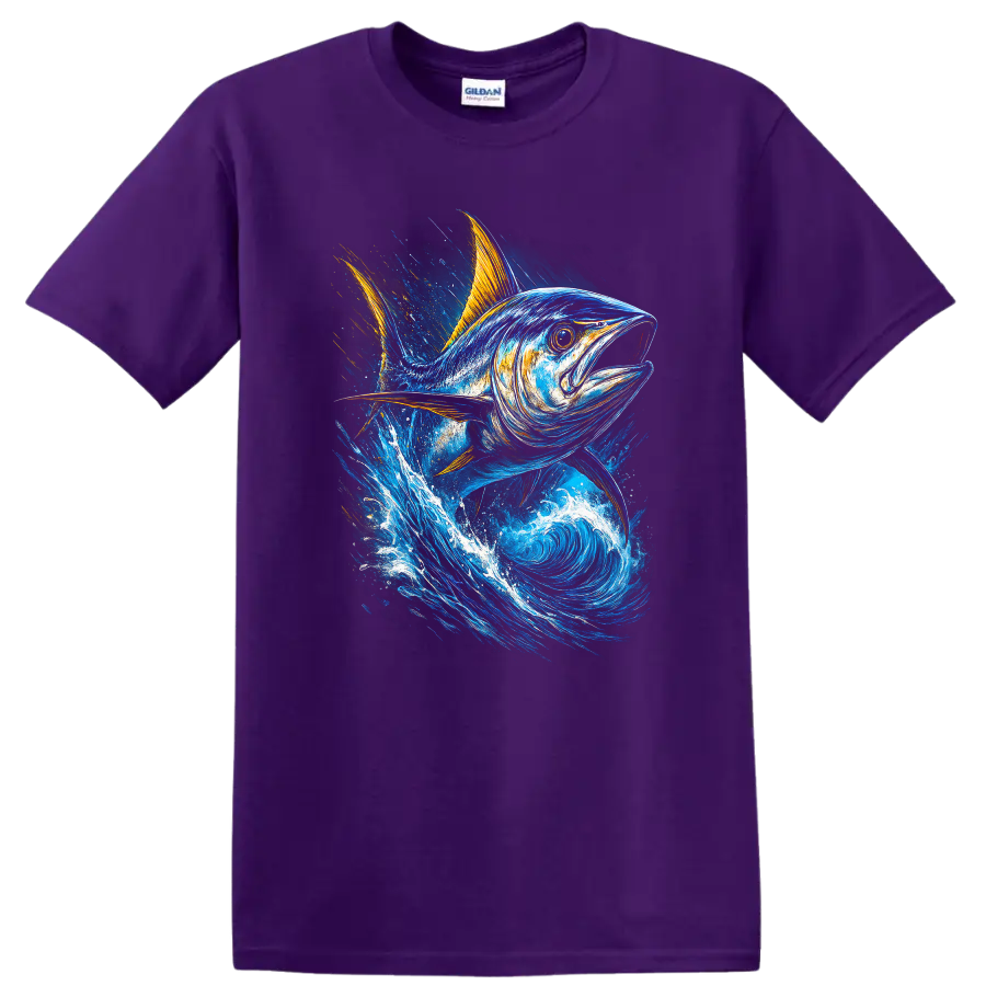Blue Tuna Fish Splash Art T Shirt For Anglers and Ocean Lovers - Purple