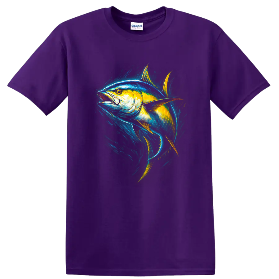 Vibrant Tuna Fish Art T Shirt for Anglers and Ocean Lovers - Purple