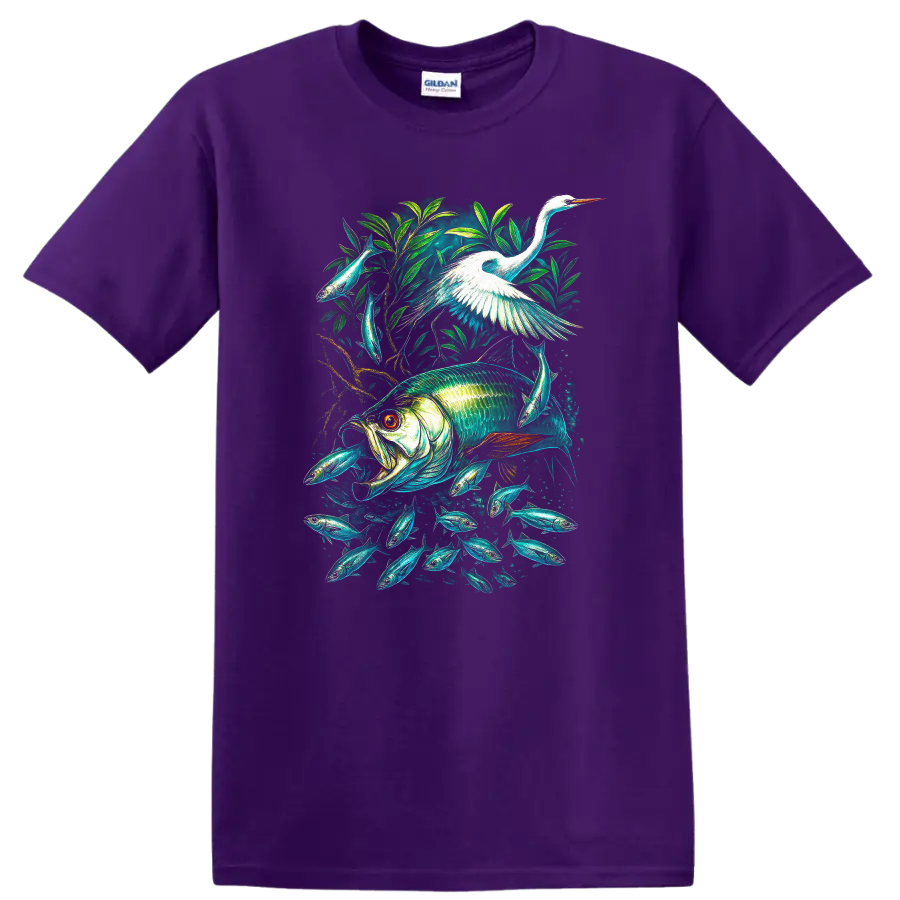 Colorful Fish and Heron Nature Aquarium T Shirt - Purple