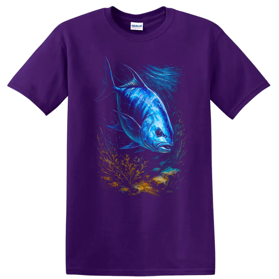 Blue Fish Underwater Art T Shirt Vibrant Ocean Life Graphic Tee - Purple