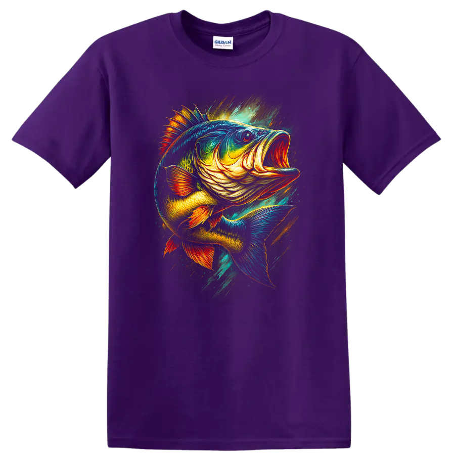 Colorful Largemouth Bass Fish Art T Shirt for Anglers and Outdoors - Purple