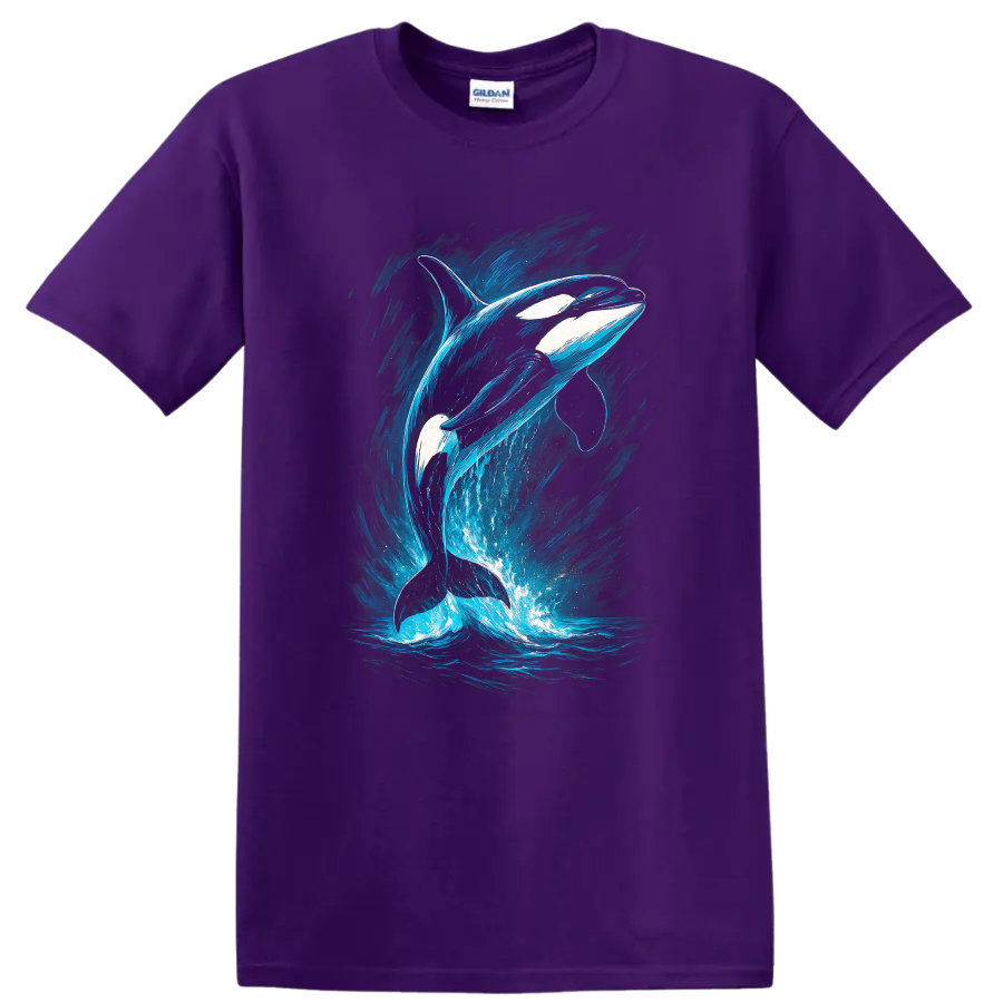 Orca Whale Blue Ocean Splash Fish Art T Shirt for Nature Lovers - Purple
