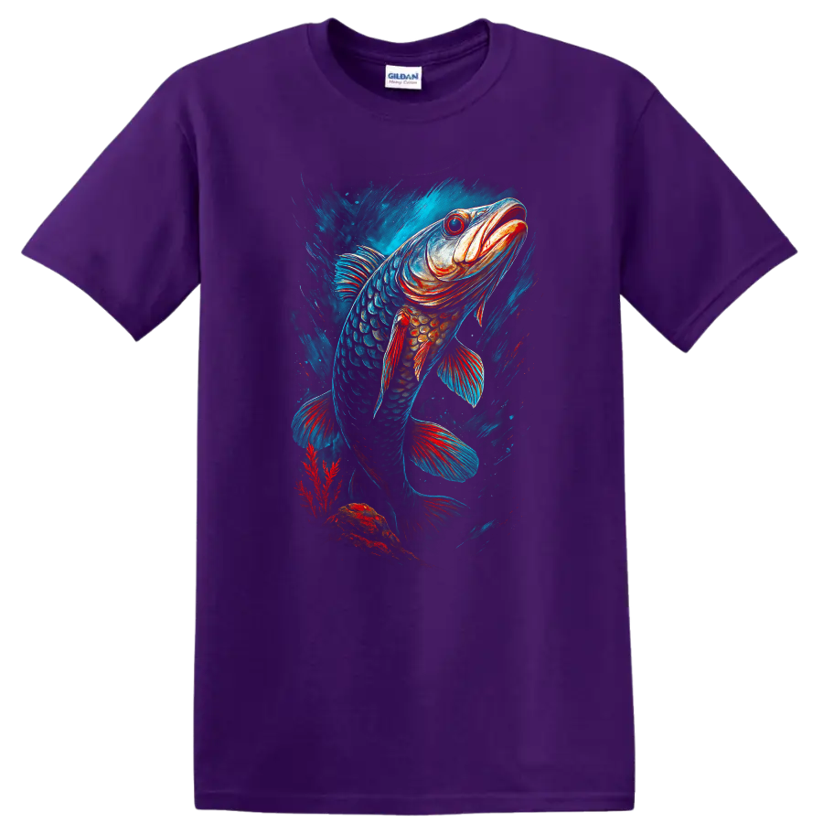 Vibrant Fish Art T Shirt Bold Colorful Angler Design - Purple