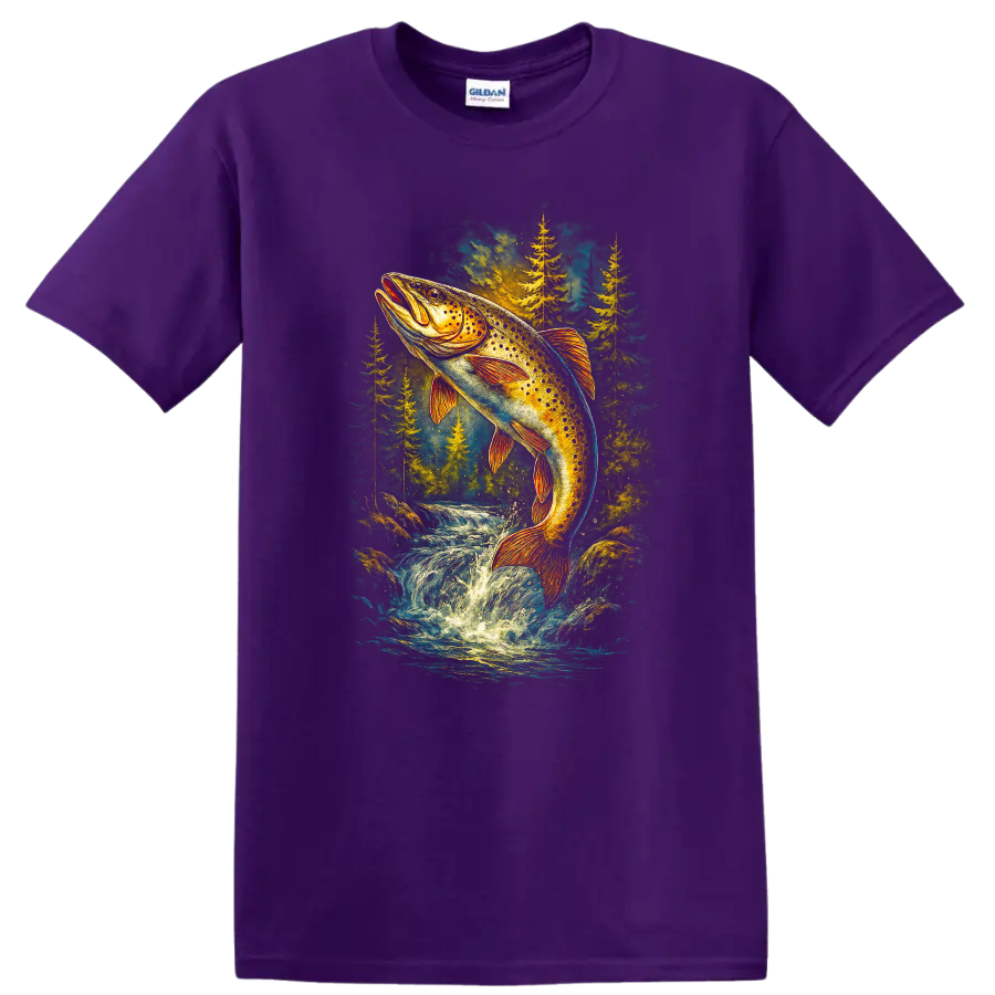 Colorful Trout Jumping River Wildlife Fishing T Shirt for Anglers - Purple