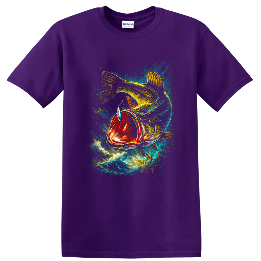 Colorful Bass Fish Splash Art T Shirt for Anglers and Fishing Lovers - Purple