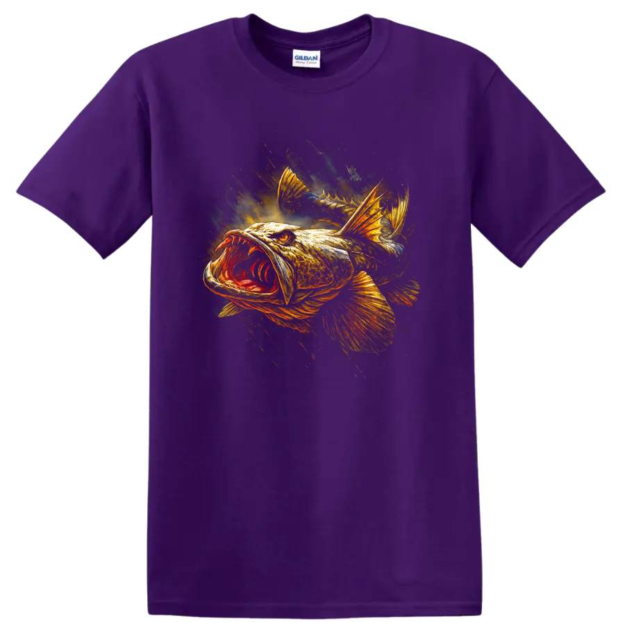 Aggressive Bass Fish Art T Shirt Bold Angler Graphic for Fishermen - Purple