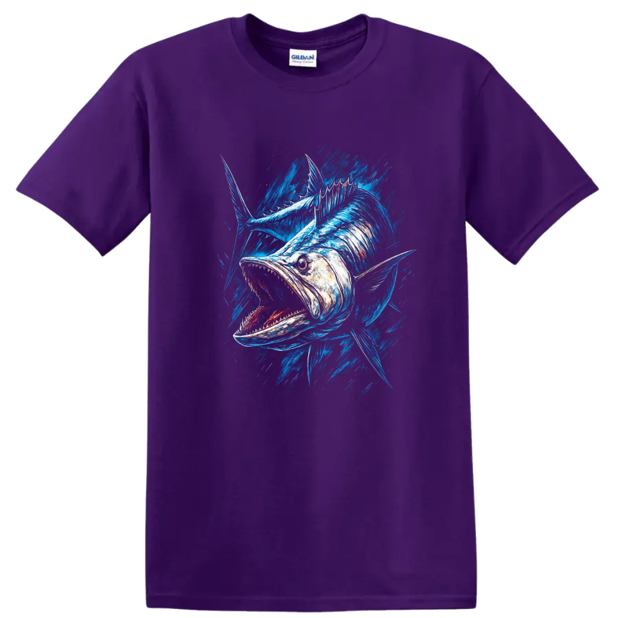 Aggressive Blue Fish Splash Art T Shirt for Anglers and Ocean Lovers - Purple