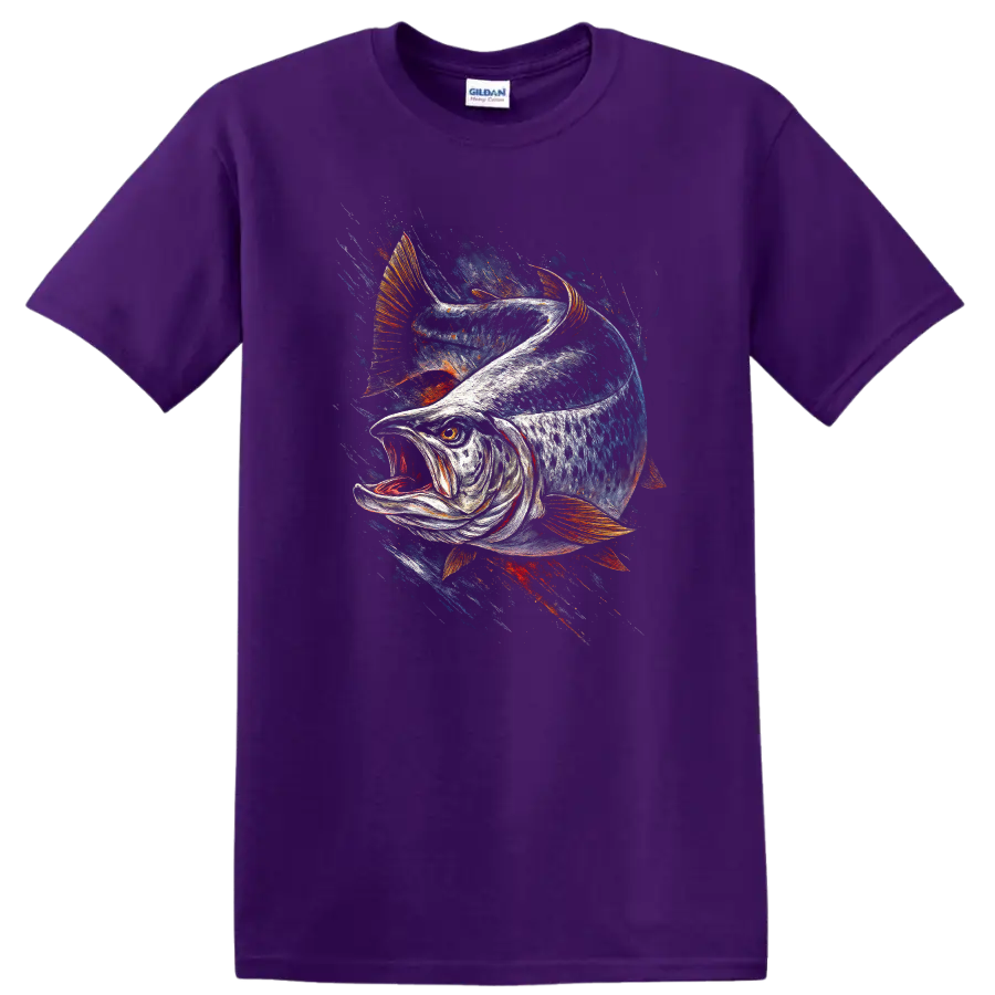 Aggressive Fish Splash Art T Shirt for Anglers and Fishing Fans - Purple