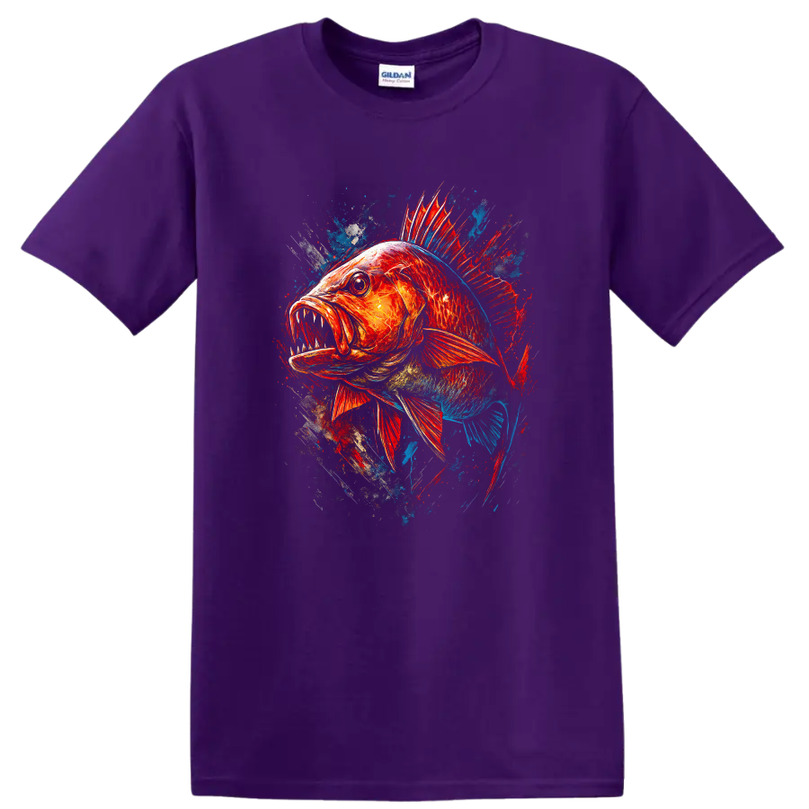 Colorful Aggressive Fish Splash Art T Shirt for Anglers and Ocean Fans - Purple