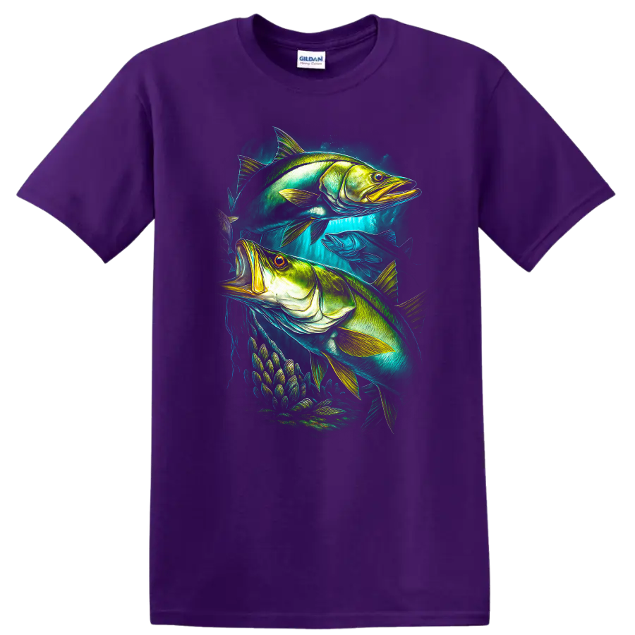 Vibrant Fish Art T Shirt Neon Underwater Fishing Graphic - Purple