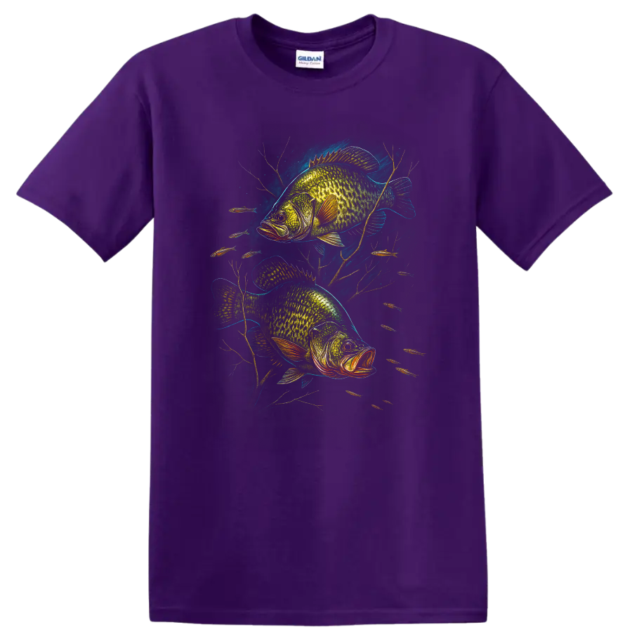 Bass Fish Art T Shirt, Vibrant Largemouth Fishing Graphic for Anglers - Purple