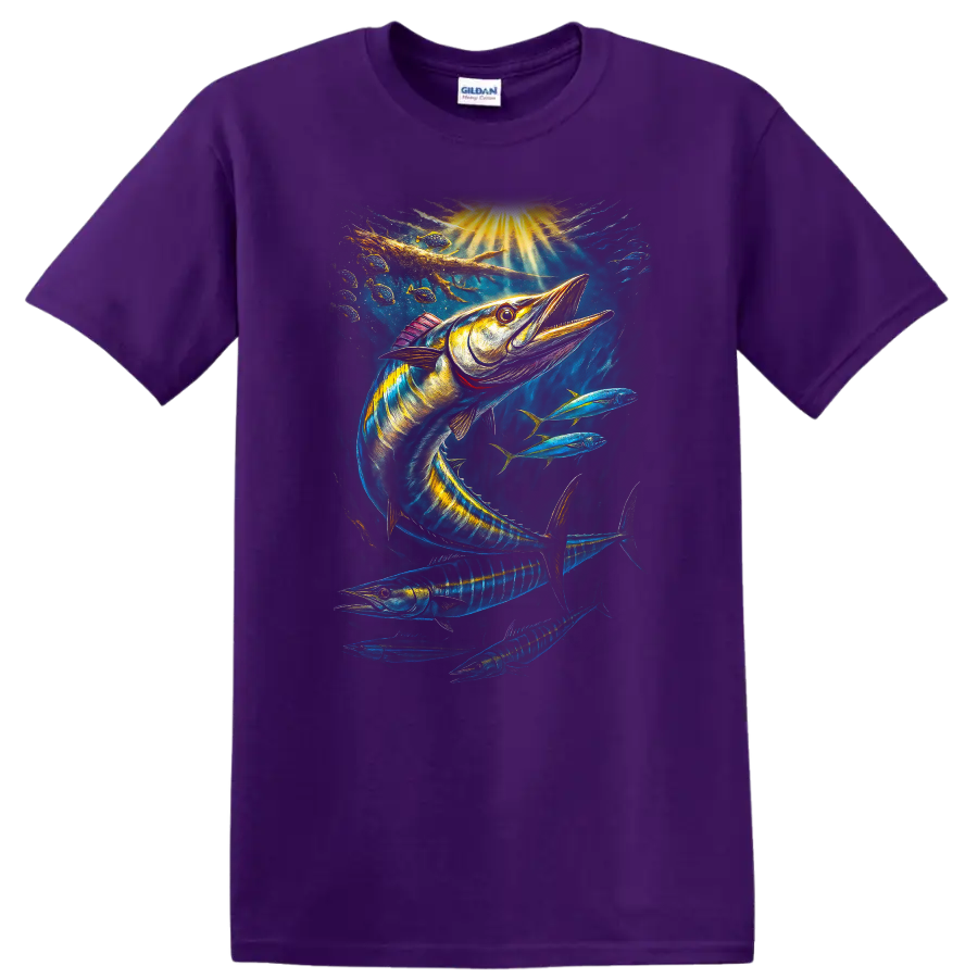 Colorful Barracuda Fish Art T Shirt Deep Sea Ocean Fishing Design - Purple