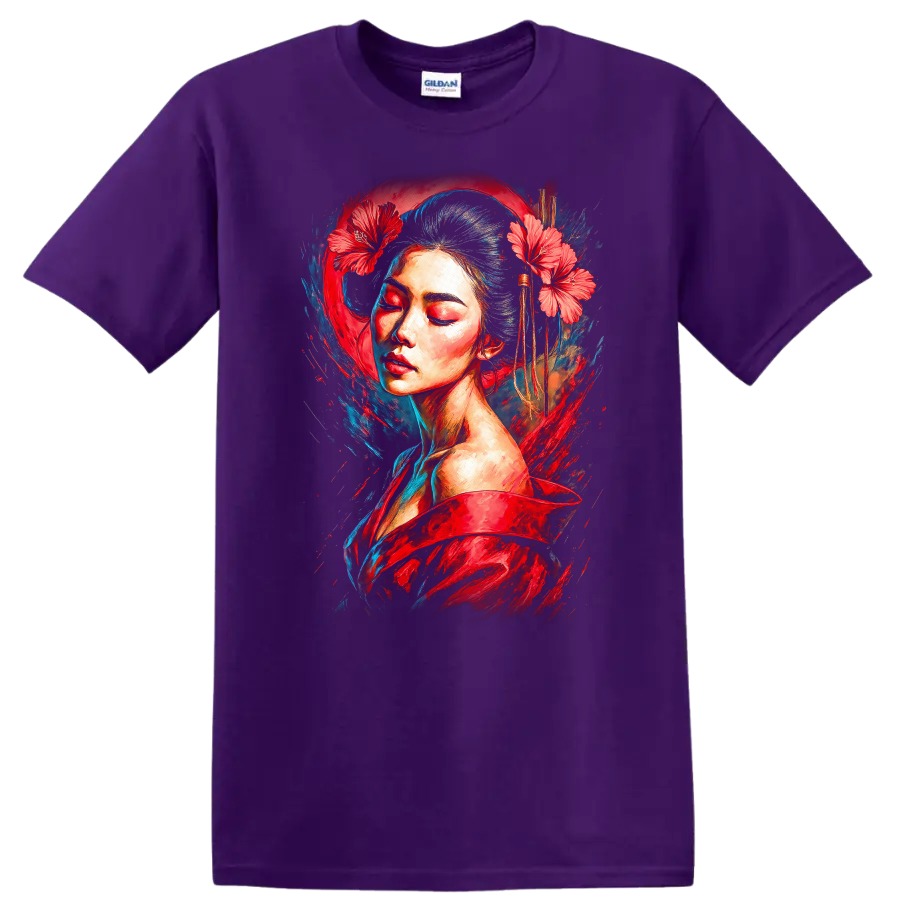Japanese Style Painted Woman T Shirt with Red Flowers and Blue Brush Art - Purple