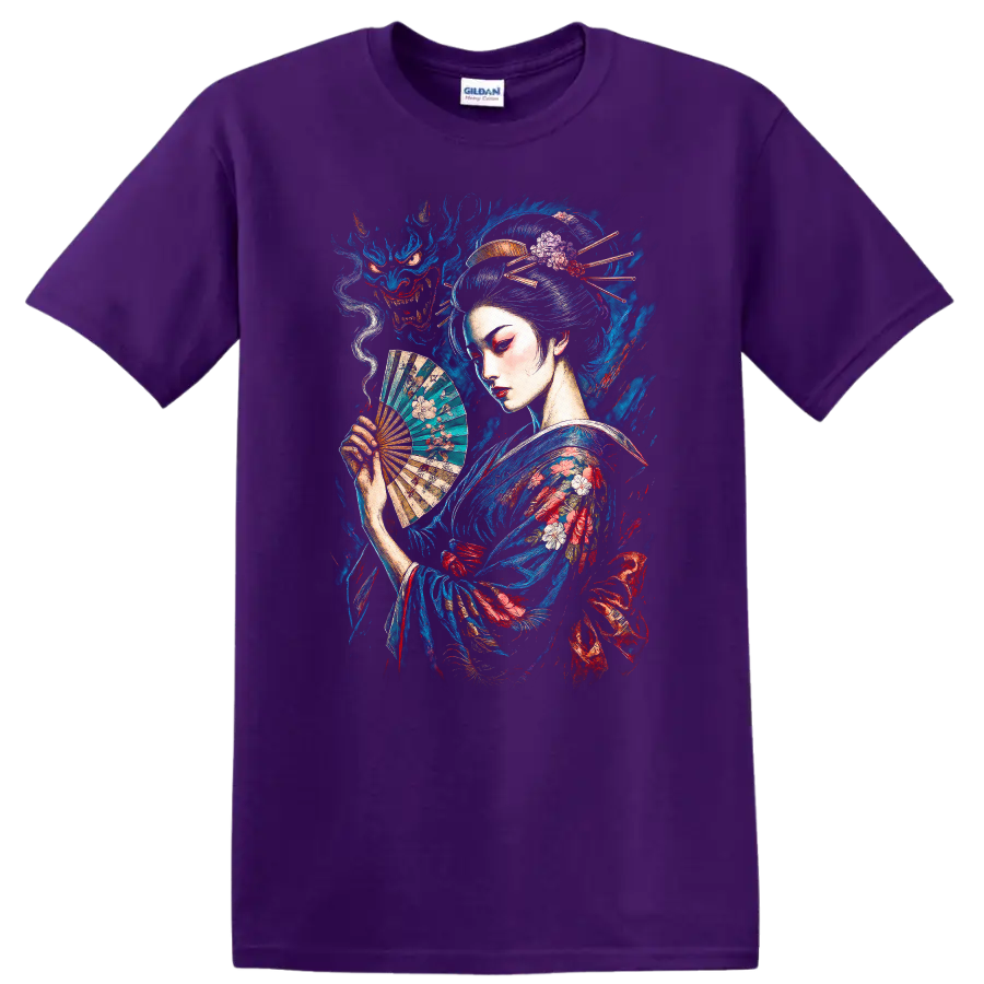 Japanese Geisha with Fan and Dragon Art T Shirt - Purple