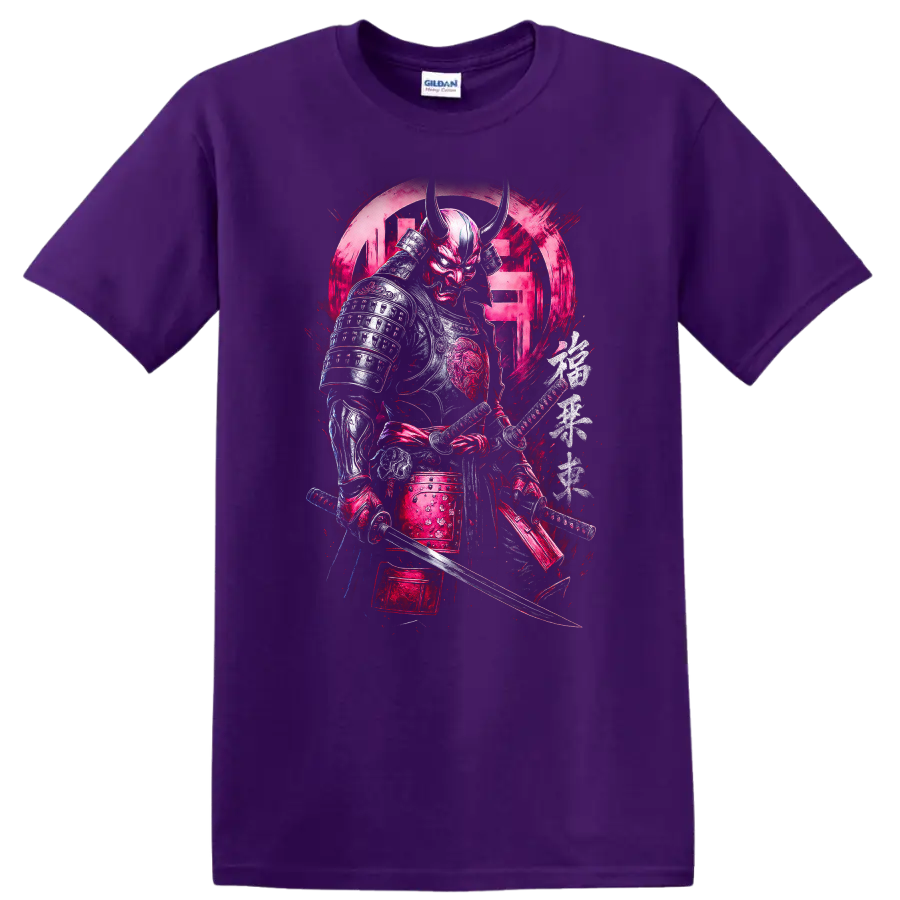 Japanese Style Samurai Oni Warrior T Shirt Bold Neon Pink Armor - Purple