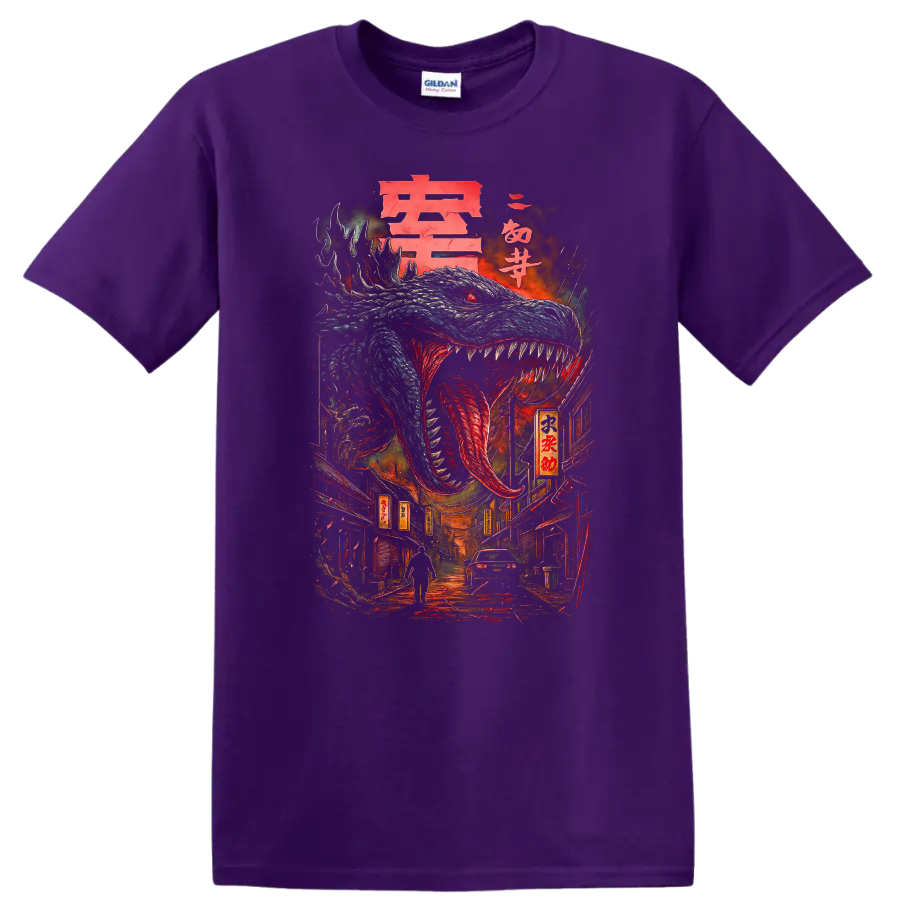 Japanese Style Dragon Monster T Shirt Fierce Anime Street Art Design - Purple