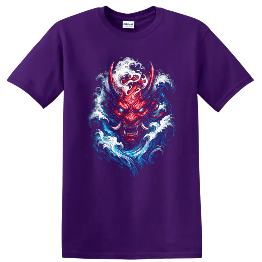 Japanese Oni Demon Mask Wave Art T Shirt For Streetwear Fans - Purple
