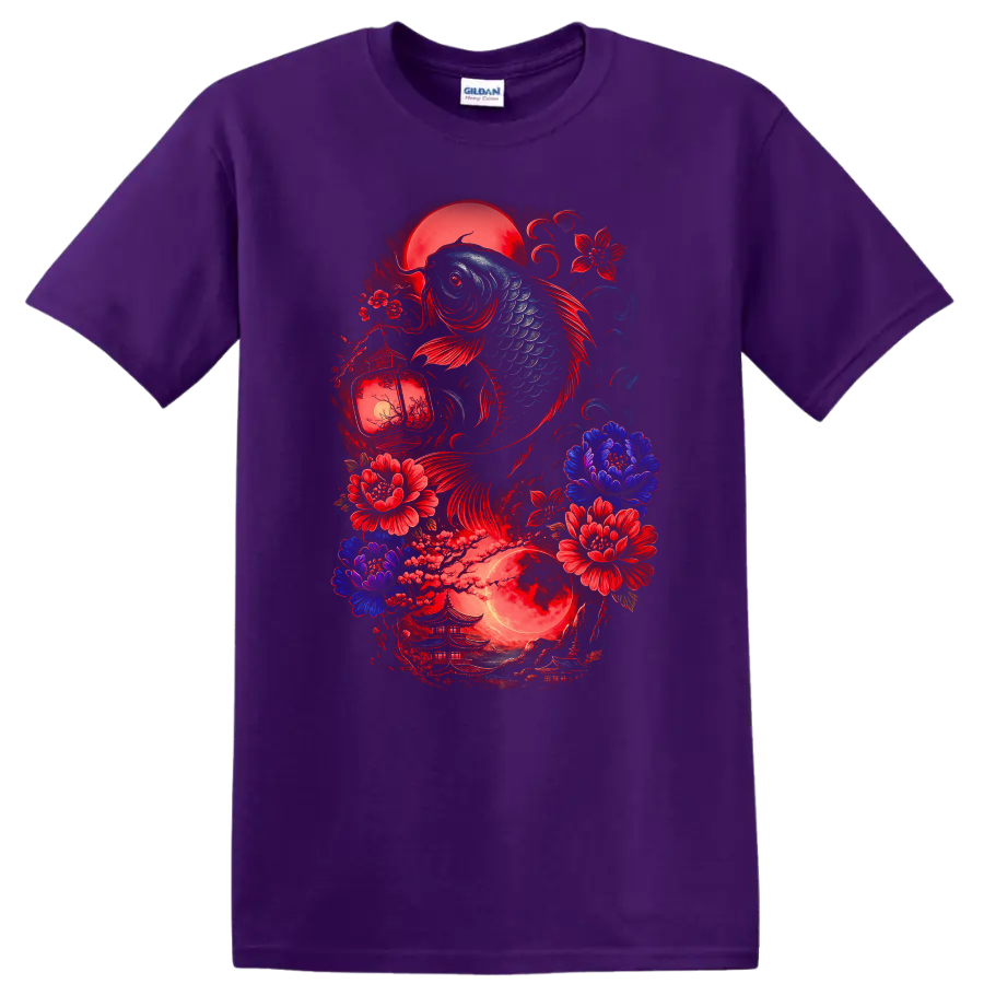 Japanese Koi Fish and Moon Floral Art T Shirt for Zen Aesthetic - Purple