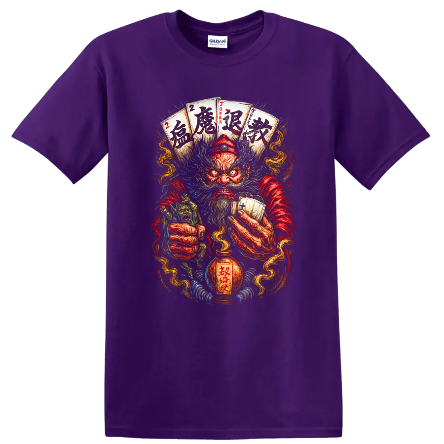 Japanese Oni Joker Card Art T Shirt for Dark Fantasy Streetwear - Purple