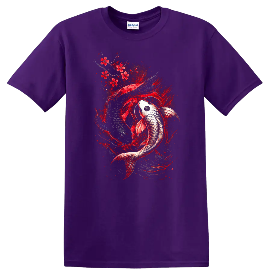 Japanese Koi Fish Red Cherry Blossom Art T Shirt for Men and Women - Purple