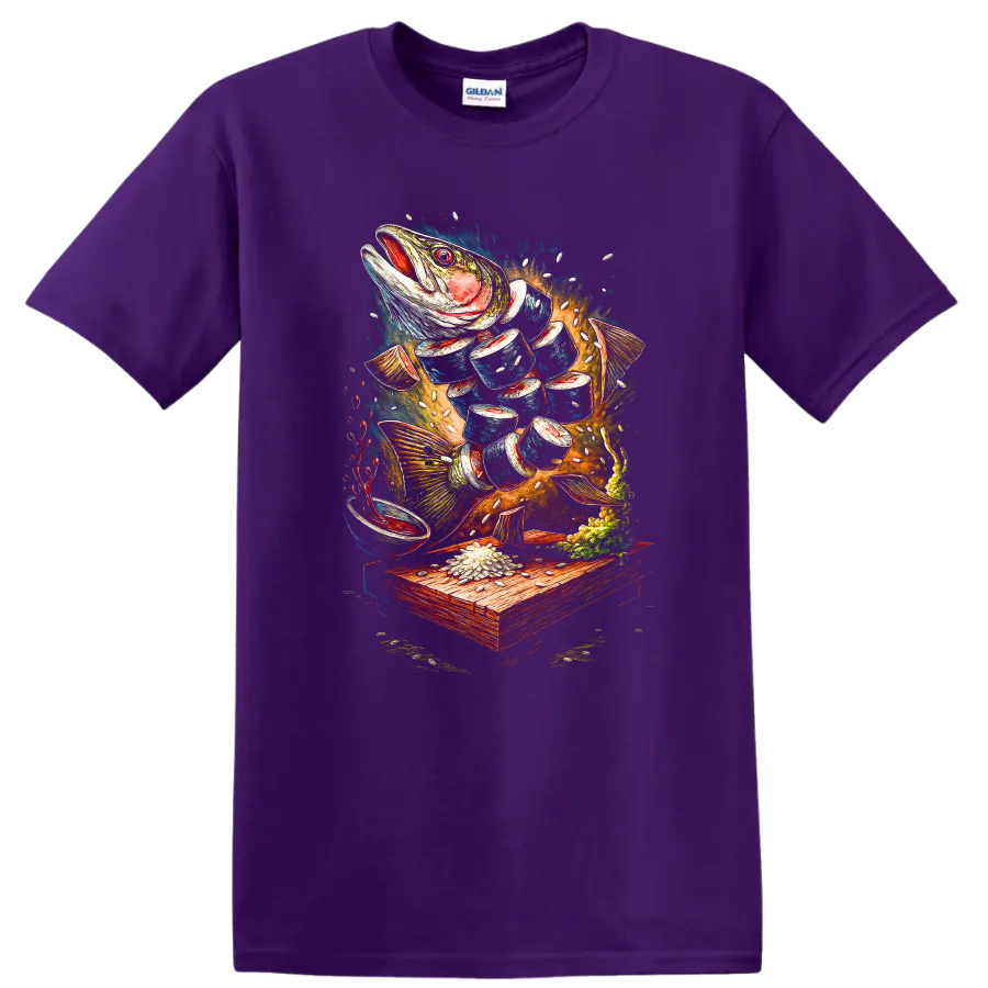 Japanese Style Fish Art T Shirt Vibrant Underwater Catch Design - Purple