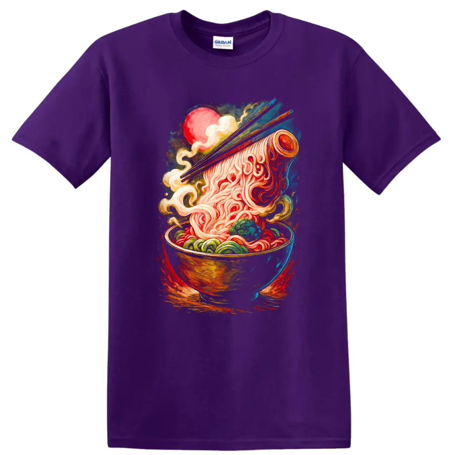 Japanese Ramen Bowl Art T Shirt Vibrant Noodle Chopsticks Design - Purple